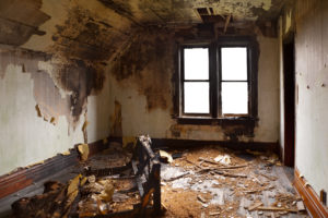 Bedroom ruined by a fire

