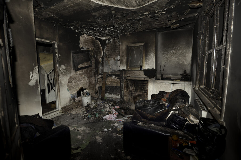 The interior of a house in Denver, CO with fire damage.