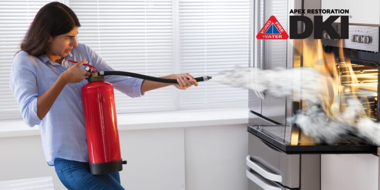 A woman who will likely need damage restoration services uses a fire extinguisher to put out a fire in her oven