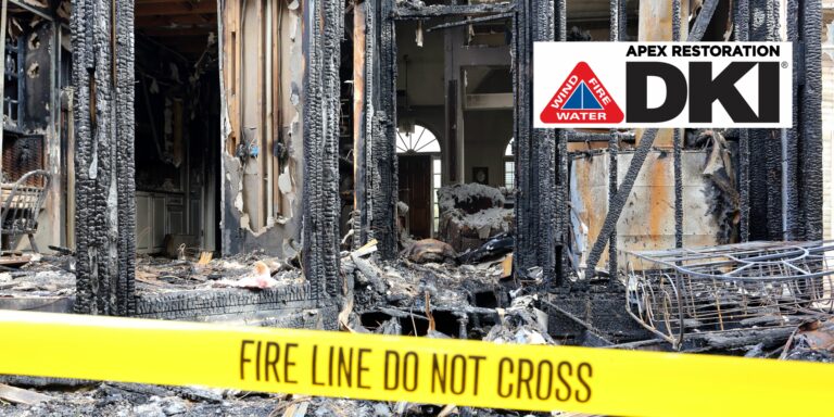The interior of a burned building and yellow tape needing damage restoration services