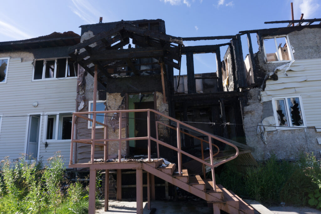 An apartment building damaged by a fire in Littleton, CO